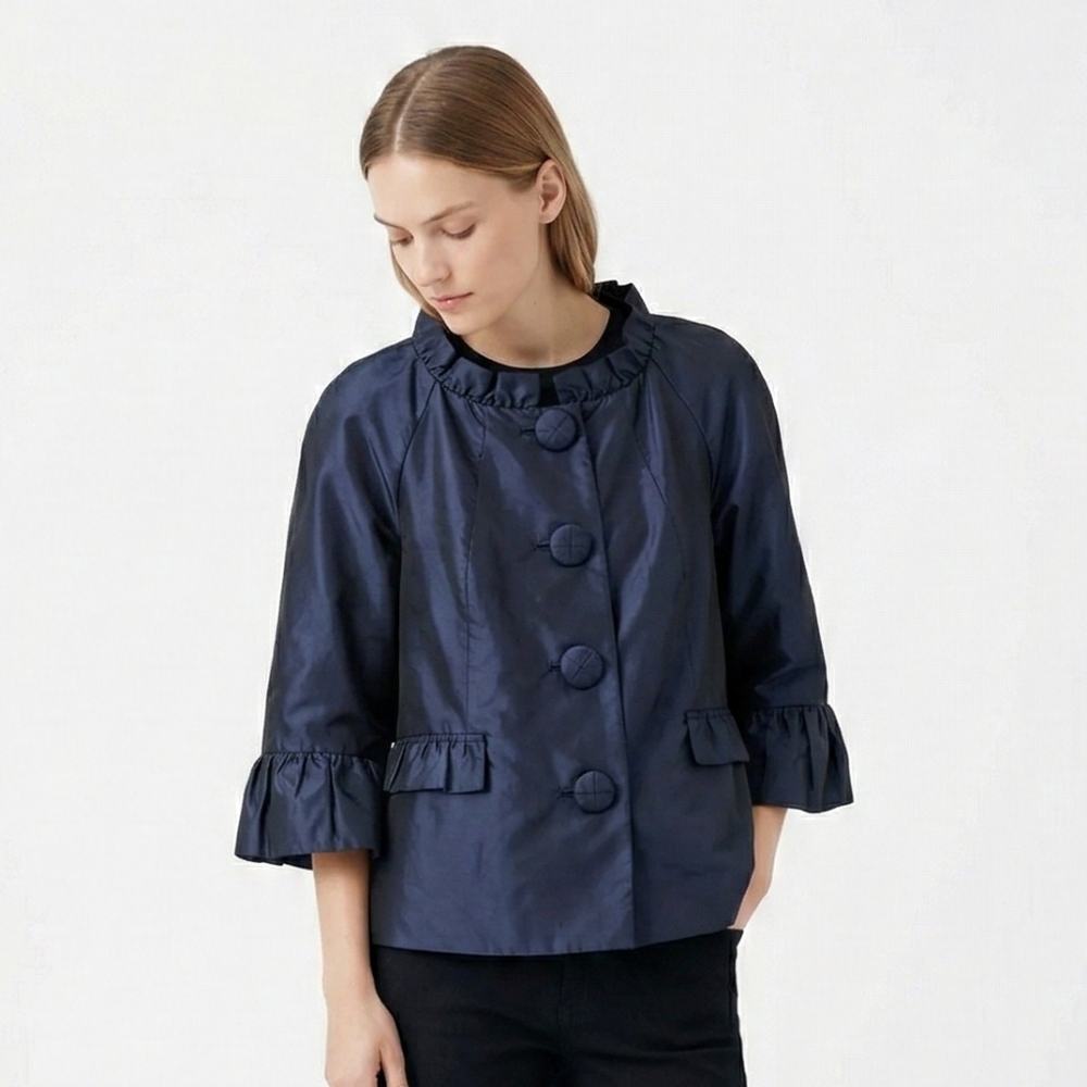 Nicole Miller Jacket Blue Sateen Coquette Twee Minimalist Y2K Ruffle 16